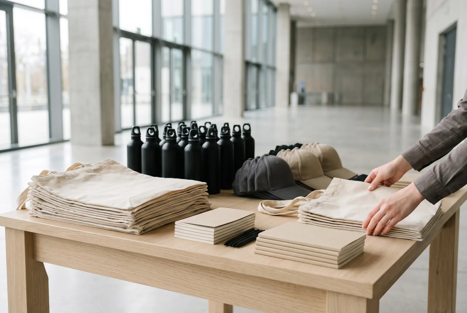 Mesa de stand con totes, botellas y libretas preparados para repartir